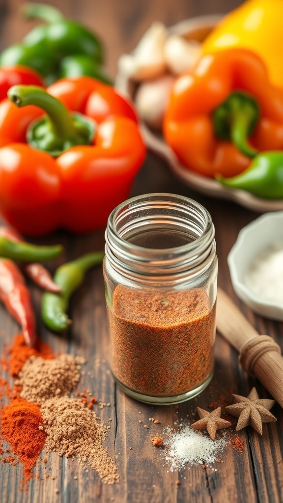 A jar of homemade fajita seasoning with spices and fresh vegetables in the background.